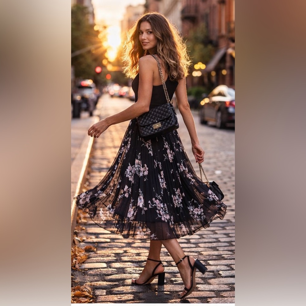 Rebecca Taylor Pleated Midi Skirt Womens S Black Floral Chiffon Romantic